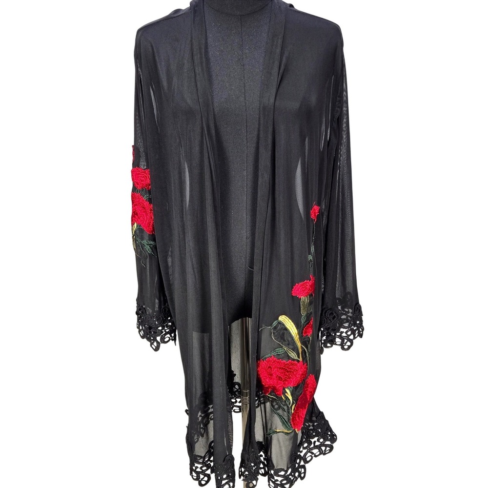 Women's 3X Black Sheer Mesh Floral Embroidered Kimono Cardigan Whimsigoth Boho